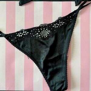 Victorias Secret Very Sexy Black Satin Bling Thong Panty NWT